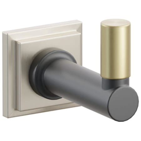 Emtek SELECT Single Robe Hook with Satin Nickel Step Square Rose, Satin Brass Smooth Tip, and Choice of Round Stem Finish Satin Nickel Rosette / Flat Black Stem / Satin Brass Tip