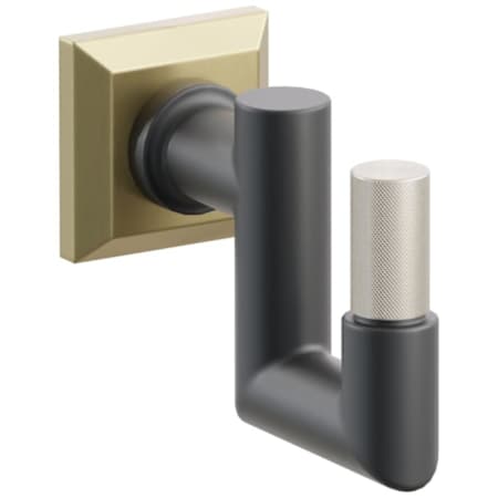 Emtek SELECT Single U Robe Hook with Satin Brass Chamfered Square Rose, Satin Nickel Knurled Tip, and Choice of Round Stem Finish Satin Brass Rosette / Flat Black Stem / Satin Nickel Tip