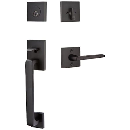 Emtek Baden Left Handed Sectional Single Cylinder Keyed Entry Handleset with Helios Interior Lever Flat Black