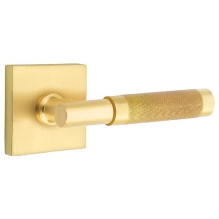 Emtek Knurled T-Bar Right Handed Privacy Door Lever Set with Square Rose from the SELECT Brass Collection Satin Brass