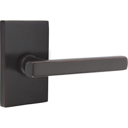 Emtek Freestone Left Handed Privacy Door Lever Set with Modern Rectangular Rose from the Urban Modern Collection Oil Rubbed Bronze