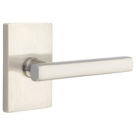 Emtek Freestone Left Handed Privacy Door Lever Set with Modern Rectangular Rose from the Urban Modern Collection Satin Nickel