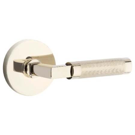 Emtek Knurled L-Square Privacy Door Lever Set with Disk Rose and Concealed Screws from the SELECT Brass Collection Lifetime Polished Nickel