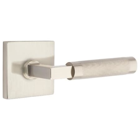 Emtek Knurled L-Square Privacy Door Lever Set with Square Rose and Concealed Screws from the SELECT Brass Collection Satin Nickel