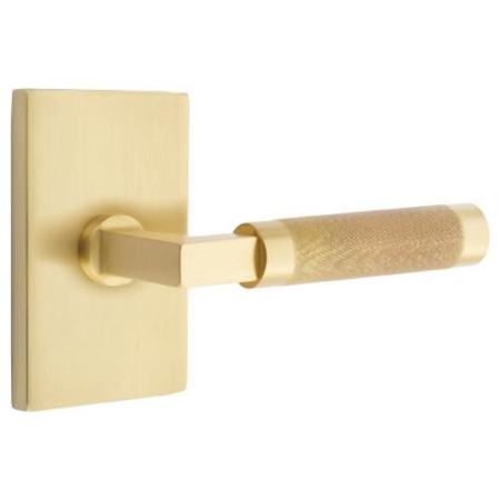 Emtek Knurled L-Square Privacy Door Lever Set with Modern Rectangular Rose and Concealed Screws from the SELECT Brass Collection Satin Brass
