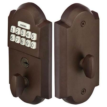 Emtek Single Cylinder Cast Bronze Electronic Deadbolt from the Sandcast Bronze Collection Deep Burgundy