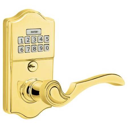 Emtek Single Cylinder Solid Brass Electronic Leverset from the Brass Collection Lifetime Polished Brass