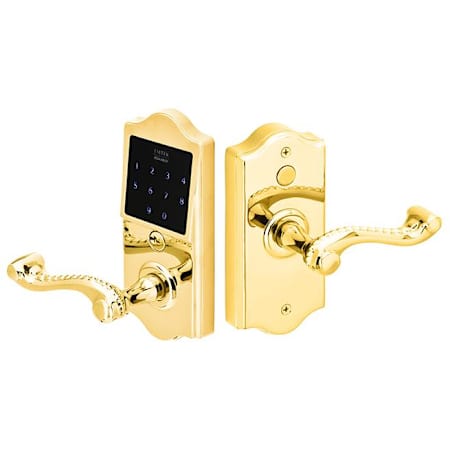 Emtek EMTouch Electronic Touchscreen Keypad Door Lever Set with Storeroom / Gate Function from the Classic Brass Collection Lifetime Polished Brass