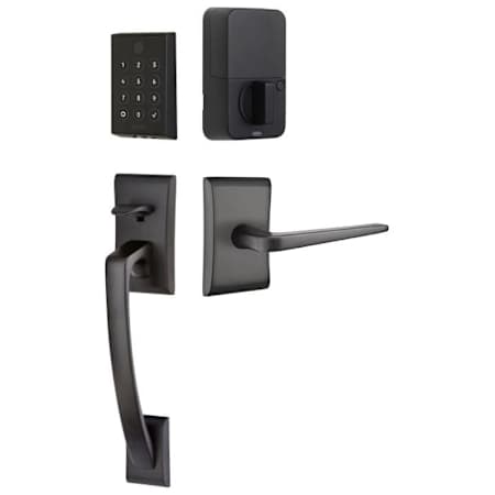 Emtek Empowered 2 Ares Right Handed Sectional Electronic Touchpad/Fingerprint Key Free Entry Handleset with Basel Interior Lever and Bluetooth/WiFi Flat Black