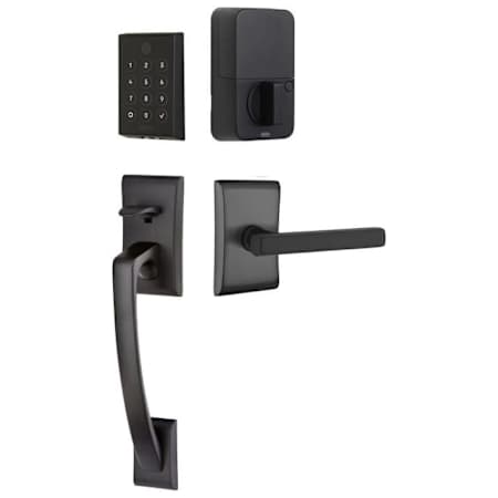 Emtek Empowered 2 Ares Left Handed Sectional Electronic Touchpad/Fingerprint Key Free Entry Handleset with Freestone Interior Lever and Bluetooth/WiFi Flat Black
