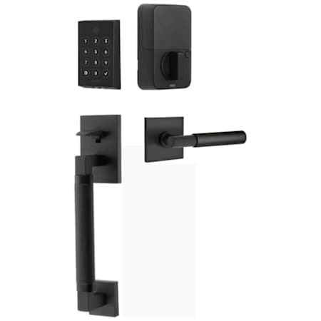 Emtek Empowered 2 Hercules Knurled Left Handed Sectional Touchpad/Fingerprint Key Free Entry Handleset with Myles Interior Lever and Bluetooth/WiFi Flat Black