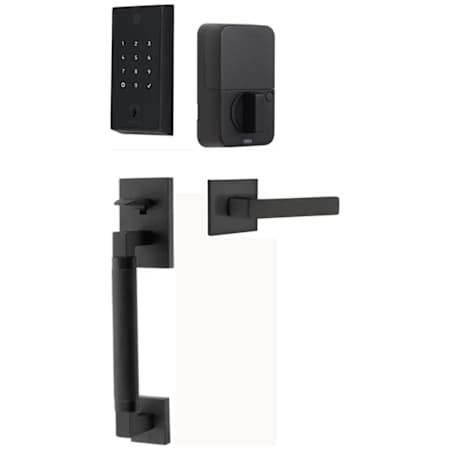 Emtek Empowered 2 Hercules Knurled Right Handed Sectional Electronic Touchpad/Fingerprint Keyless Entry Handleset with Dumont Interior Lever with Bluetooth Flat Black