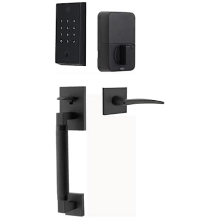 Emtek Empowered 2 Hercules Knurled Left Handed Sectional Electronic Touchpad/Fingerprint Keyless Entry Handleset with Poseidon Interior Lever with Bluetooth Flat Black