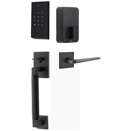 Emtek Empowered 2 Hercules Knurled Right Handed Sectional Touchpad/Fingerprint Keyless Entry Handleset with Athena Interior Lever and Bluetooth/WiFi Flat Black