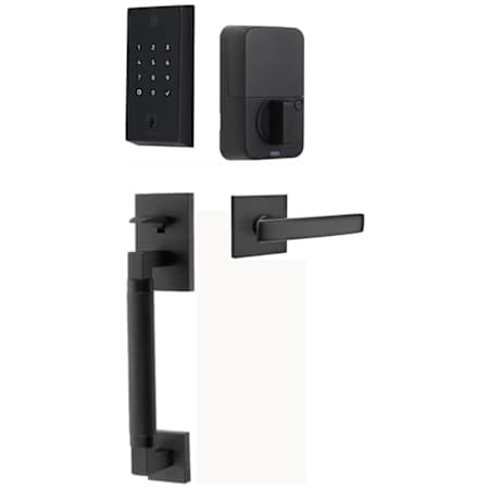 Emtek Empowered 2 Hercules Knurled Right Handed Sectional Touchpad/Fingerprint Keyless Entry Handleset with Geneva Interior Lever and Bluetooth/WiFi Flat Black