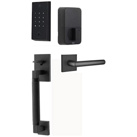 Emtek Empowered 2 Hercules Knurled Left Handed Sectional Touchpad/Fingerprint Keyless Entry Handleset with Stuttgart Interior Lever and Bluetooth/WiFi Flat Black
