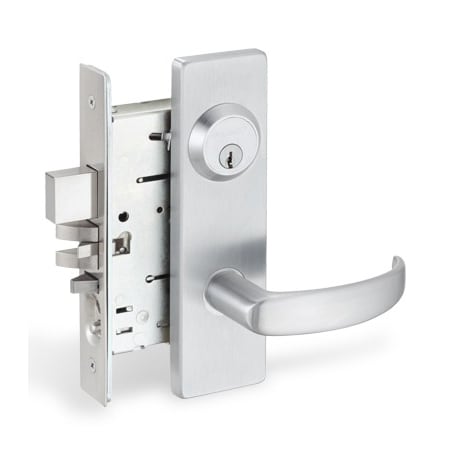 Falcon MA Series Office Button Lockout Keyed Entry Mortise Lock Set with Sutro Lever and Napa Rose Satin Stainless Steel