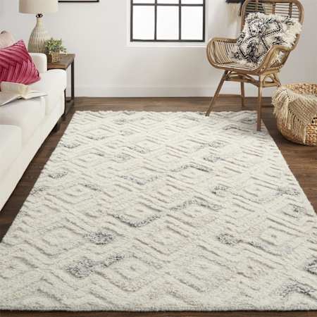 Feizy Key 4' x 6' Cotton and Wool Hand Tufted Geometric High Low Pile Farmhouse Trellis Area Rug From the Dianne Collection Ivory / Blue
