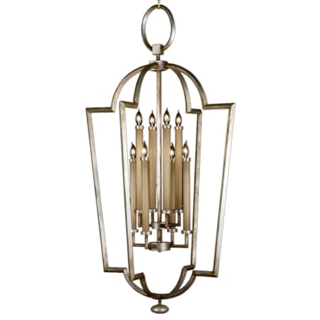 Fine Art Handcrafted Lighting Allegretto Silver Eight-Light Foyer Pendant with White Textured Linen Shade Silver Leaf