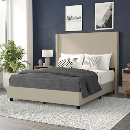 Flash Furniture Ursulina Queen Wood Platform Bed Frame with Slatted Supports Beige