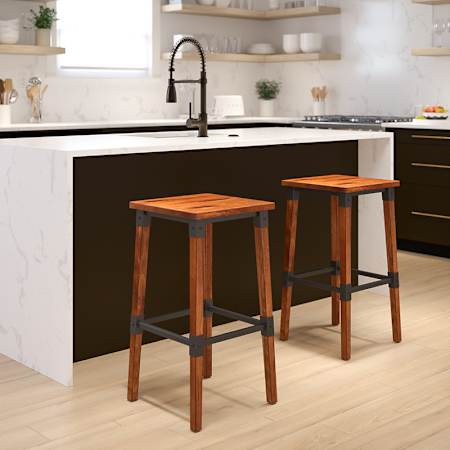 Flash Furniture Rustic Industrial Set of (2) 16" Wide Backless Bar Stools Antique Walnut