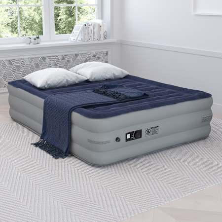 Flash Furniture Queen Size 18" Thick Air Mattress with ETL Certified Electric Air Pump and Carrying Case Gray / Blue