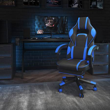 Flash Furniture Gaming Chair 28"W Racing Ergonomic Computer Chair with Fully Reclining Back/Arms, Slide-Out Footrest, and Massaging Lumbar Electric Blue