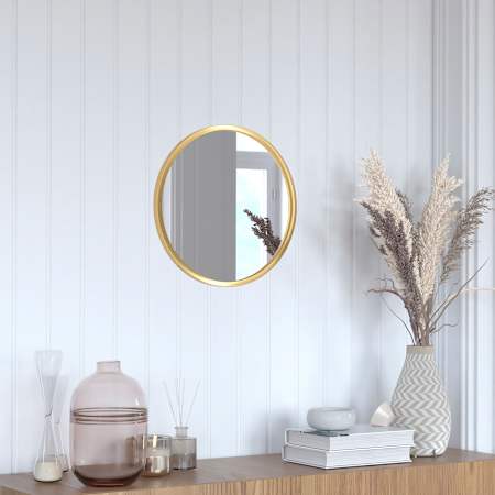 Flash Furniture Aesis 16" Diameter Circular Metal Framed Bathroom Mirror Gold
