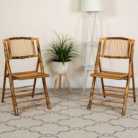Flash Furniture Tradewind Set of (2) 14"W Tropical Beach Folding Bamboo Accent Chairs Tropical Medium Wood