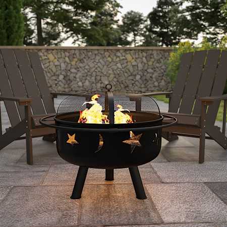 Flash Furniture 29" Iron Round Outdoor Moon and Stars Wood Burning Firepit with Mesh Screen Black