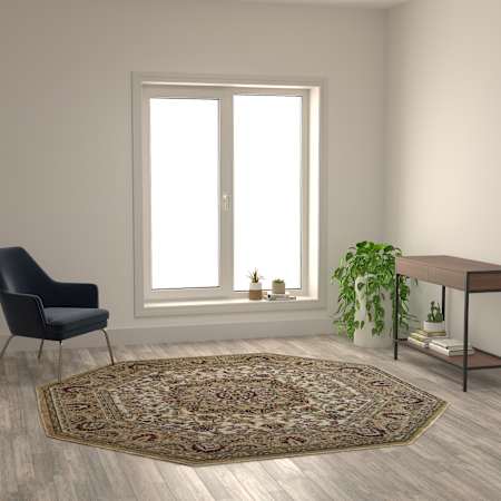 Flash Furniture Randie 7-1/4' x 7-1/4' Polypropylene Bohemian Indoor Octagonal Area Rug Ivory