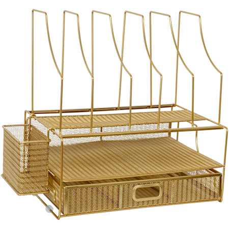 Flash Furniture Ryder 7" Tall File and Notebook Office Organizer with Pull Out Drawer Gold