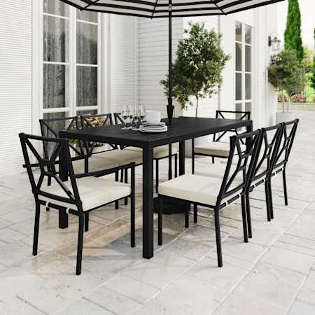 Flash Furniture Lily Pond 9 Piece Steel Framed Outdoor Dining Set with Umbrella Hole Black