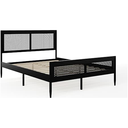 Flash Furniture Jax Queen Polar and Rubberwood Bed Frame with Rattan Inset Headboard Black