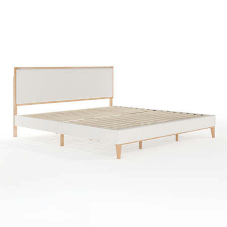 Flash Furniture Flynn 84-1/4" King Size Solid Wood Platform Bed with Upholstered Base, Inset Headboard, and Wood Slat Bottom Snow / Light Beech