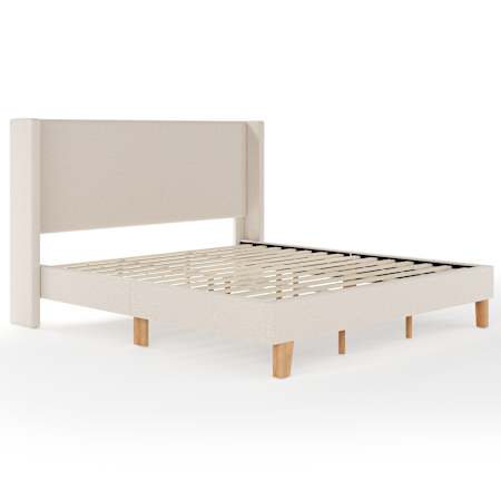 Flash Furniture Maisie 86-1/4" King Upholstered Platform Bed with Wingback Headboard, Cushioned Siderails, and Wood Slat Foundation Beige