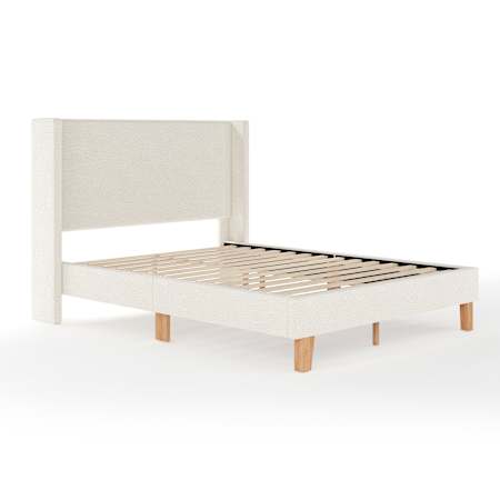 Flash Furniture Maisie 86-1/2" Queen Upholstered Platform Bed with Wingback Headboard, Cushioned Siderails, and Wood Slat Foundation Off White