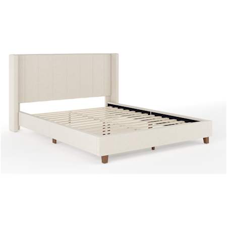 Flash Furniture Kay Queen Wooden Bed Frame with Faux Linen Upholstery Beige / Walnut