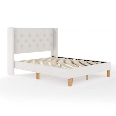 Flash Furniture Carmy 86" Queen Upholstered Platform Bed with Tufted Wingback Headboard, Cushioned Siderails, and Wood Slat Foundation White