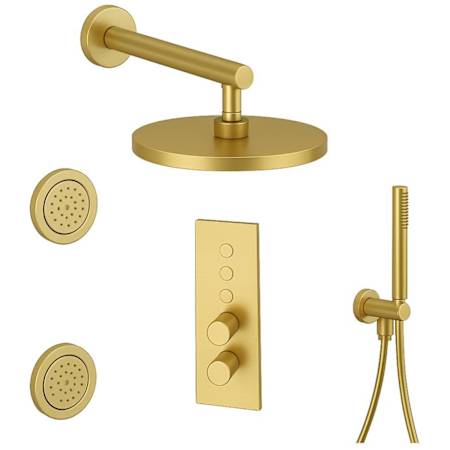 Fortis LineaBox Ceramic Disc Shower System with Shower Head, Hand Shower, Bodysprays, Shower Arm, Hose, and Valve Trim Brushed Gold