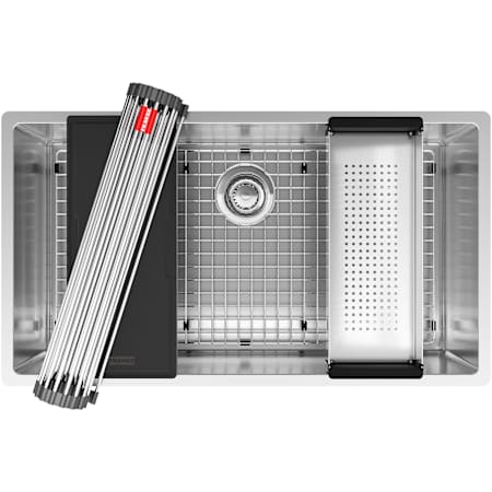 Franke Cube 31-1/2" Undermount Single Basin Stainless Steel Kitchen Sink with Basin Rack, Basket Strainer, Colander and Cutting Board Stainless Steel