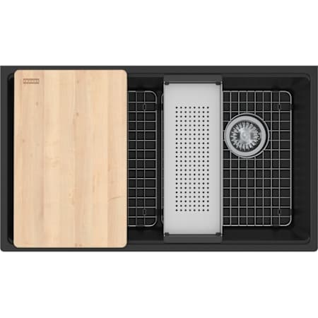 Franke Maris 33" Undermount Single Basin Granite Workstation Kitchen Sink – Includes Basin Rack, Basket Strainer, Colander, and Cutting Board Matte Black