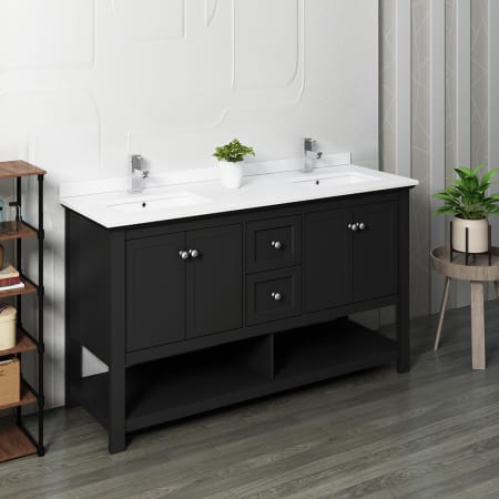 Fresca Manchester 60" Free Standing Double Basin Vanity Set with Wood Cabinet and Quartz Vanity Top Black