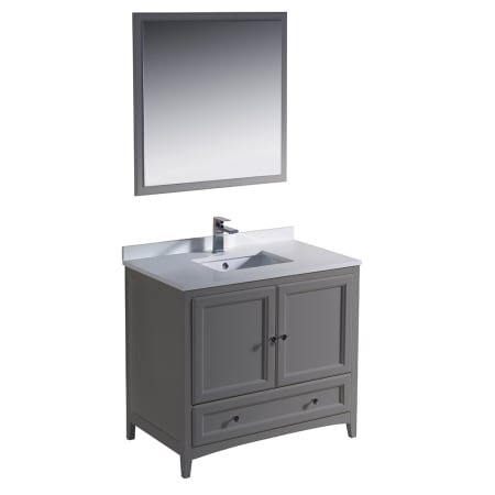 Fresca Oxford 36" Free Standing Single Vanity Set with MDF Cabinet, Quartz Vanity Top, Framed Mirror and Single Hole Faucet Gray
