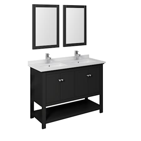 Fresca Manchester 48" Free Standing Double Basin Vanity Set with Cabinet, Quartz Vanity Top, and Framed Mirror Black