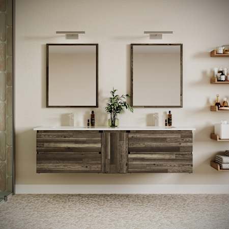 Fresca Formosa 72" Wall Mounted Double Basin Vanity Set with Cabinet, Quartz Vanity Top, and Framed Mirror Acacia Wood