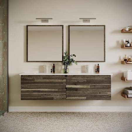 Fresca Formosa 72" Wall Mounted Double Basin Vanity Set with Cabinet, Quartz Vanity Top, and Framed Mirror Acacia Wood
