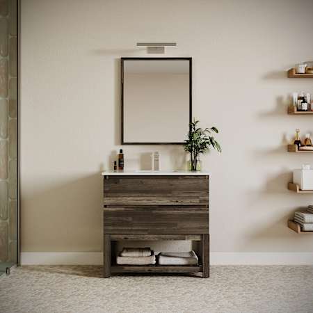 Fresca Formosa 36" Free Standing Single Basin Vanity Set with Cabinet, Quartz Vanity Top, and Framed Mirror Acacia Wood