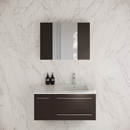 Fresca Lucera 36" Wall Mounted Single Basin Vanity Set with Cabinet, Quartz Vanity Top, Medicine Cabinet, and Right Offset Rectangular Sink Espresso