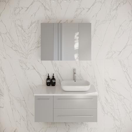 Fresca Lucera 36" Wall Mounted Single Basin Vanity Set with Cabinet, Quartz Vanity Top, Medicine Cabinet, and Right Offset Rectangular Vessel Sink Gray